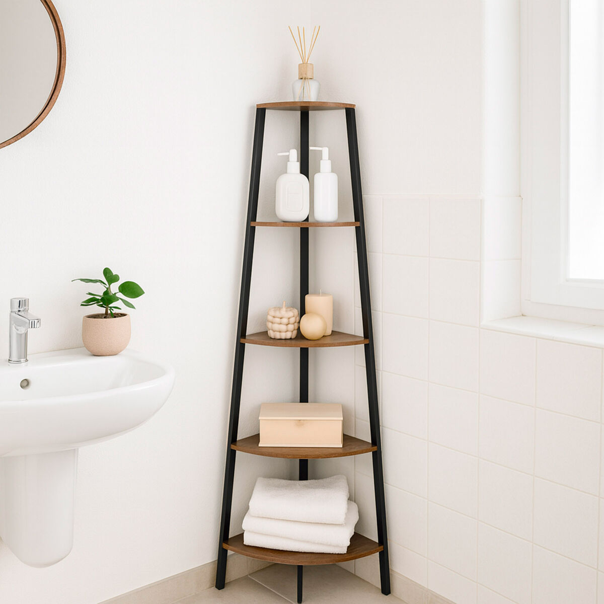 Regál Max Home černý, železo, dřevo, MDF, 5 polic, 35 x 160 x 35 cm – obrázek 2