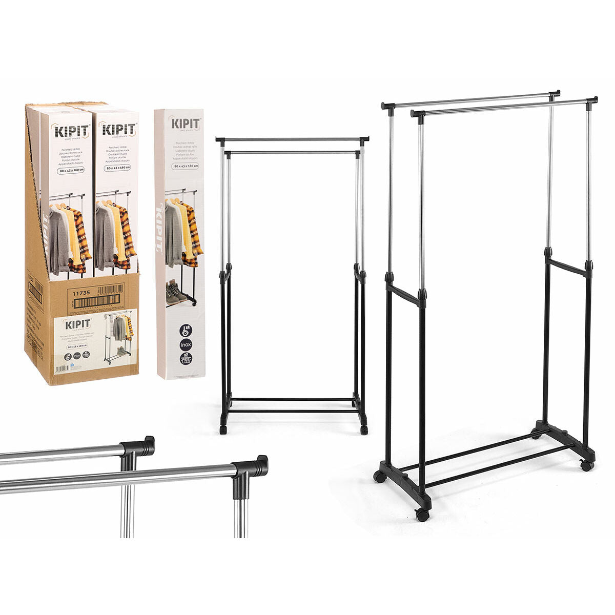 Šatní stojan na kolečkách Kipit černý nerez plast 80 × 43 × 160 cm – obrázek 2