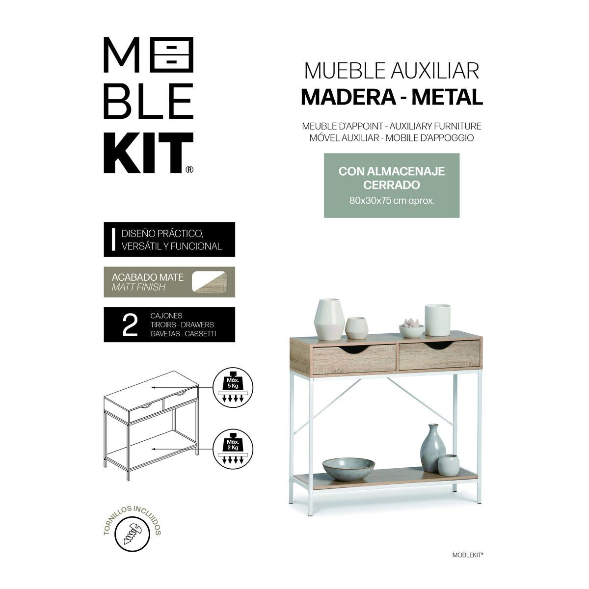 Odkládací stolek MobleKit bílý hnědý 80 x 30 x 75 cm – obrázek 3