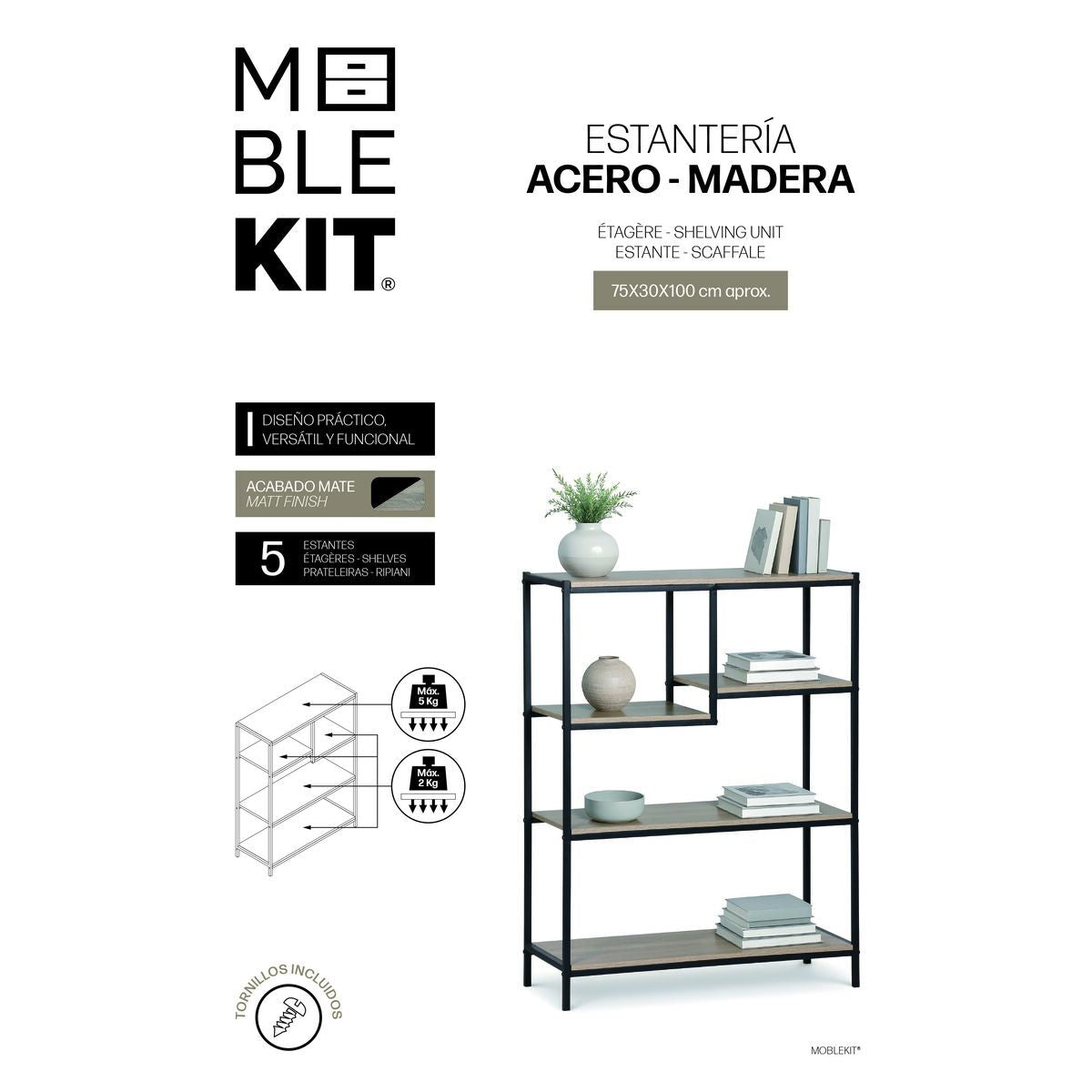 Regál MobleKit hnědý černý dřevo kov 75 x 30 x 100 cm – obrázek 4