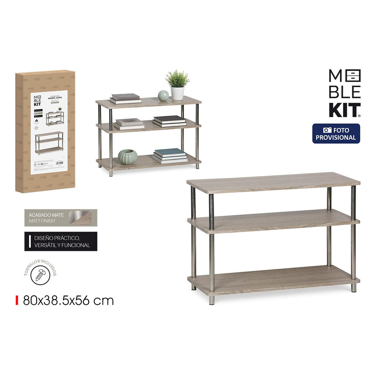 Regál MobleKit hnědý stříbrný dřevo ocel 80 x 38,5 x 56 cm – obrázek 4
