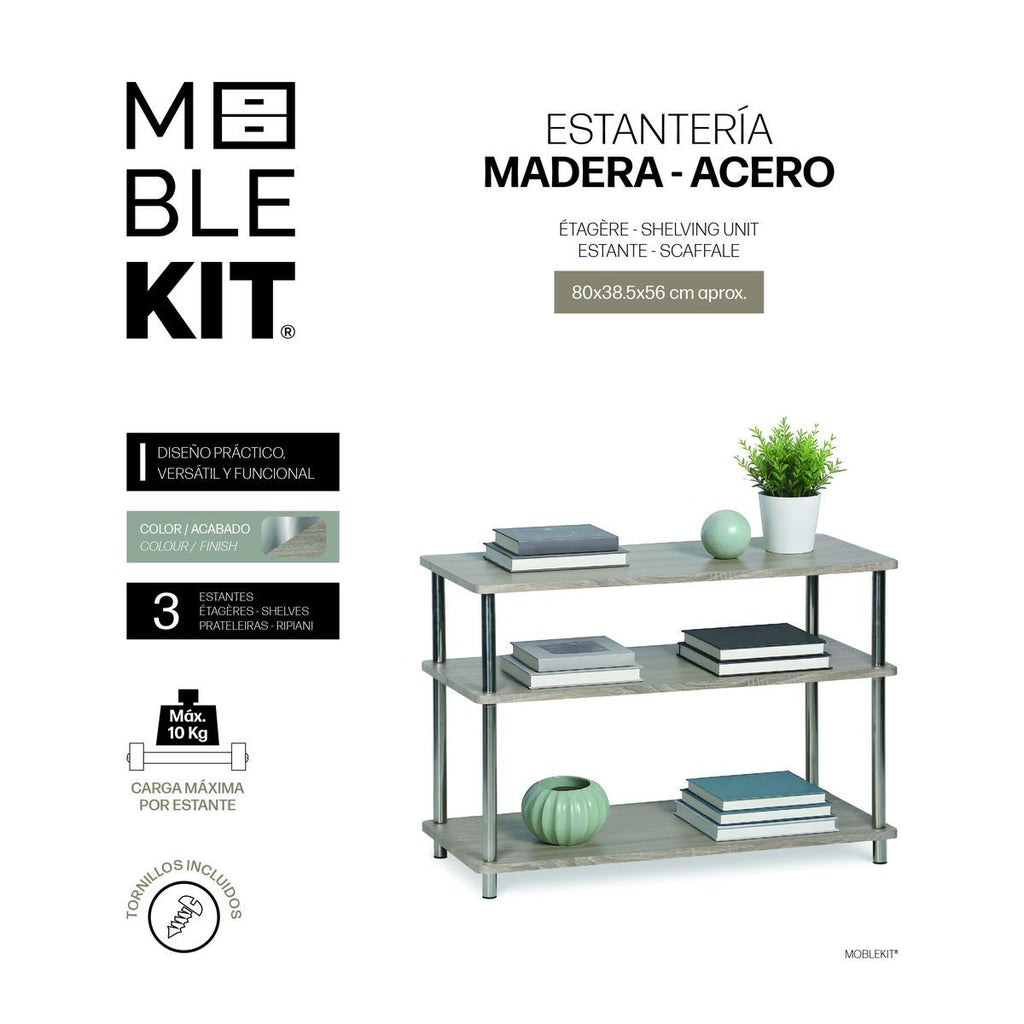 Regál MobleKit hnědý stříbrný dřevo ocel 80 x 38,5 x 56 cm – obrázek 2
