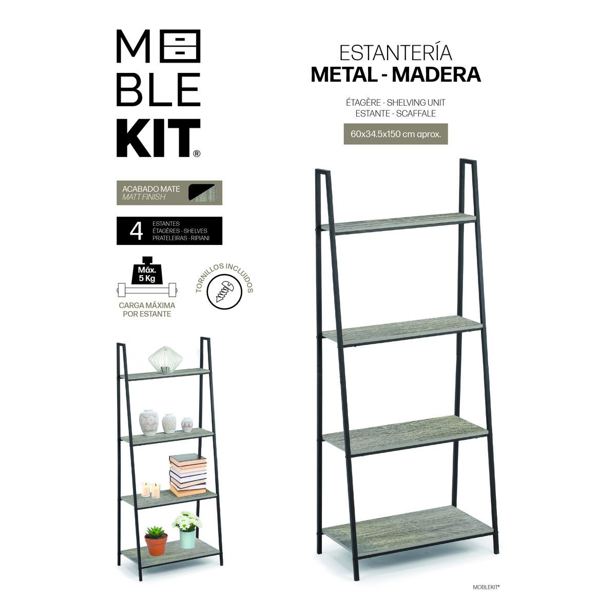Regál MobleKit černý šedý dřevo kov 60 x 34,5 x 150 cm (3 kusy) – obrázek 5